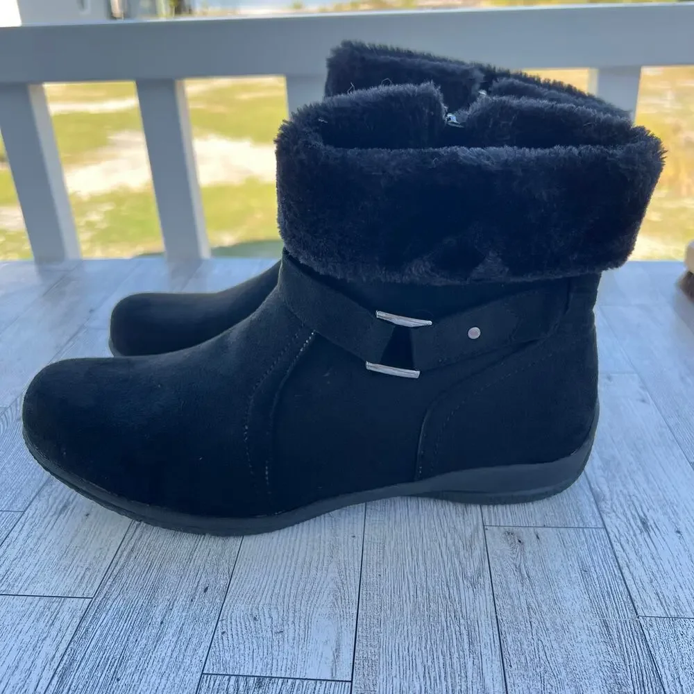 Alpine Woods Boots Black Faux Fur Zip Up Booties Buckle Accent Women’s Size 10M